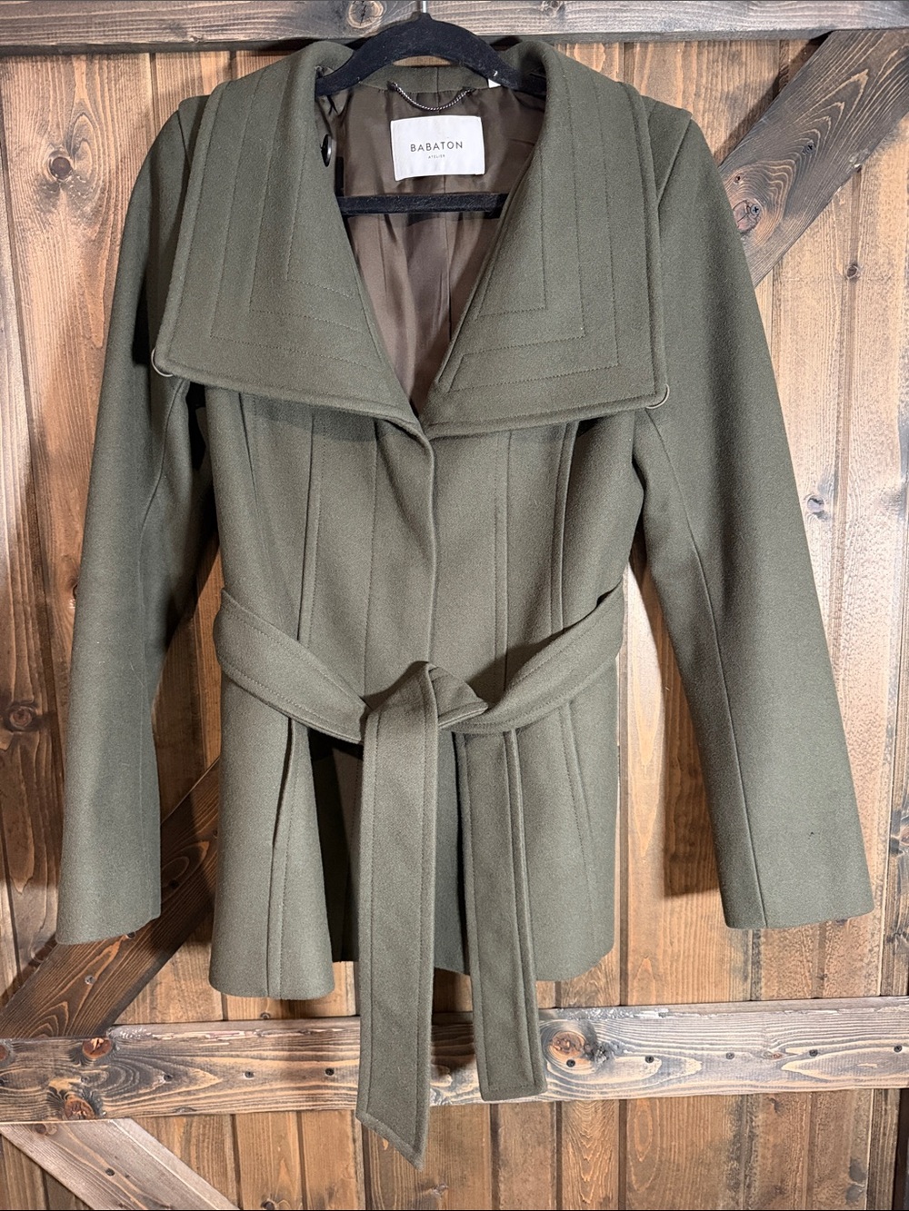 Babaton Olive Green Wool Belted Trench Coat